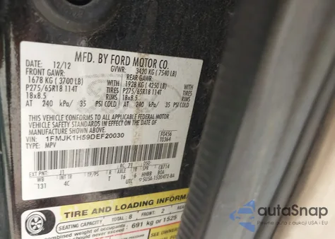 2013 Ford Expedition El Xlt из США, поврежденный, VIN 1FMJK1H59DEF20030